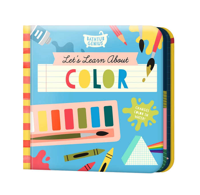 Children's book titled 'Let's Learn About Color' with colorful illustrations on a blue background.