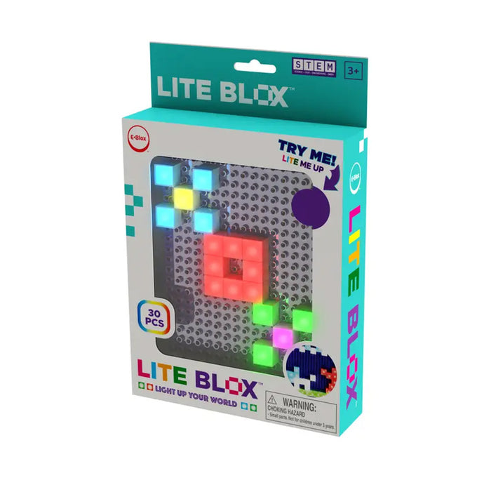 Lite Blox toy packaging with colorful blocks and branding on a white background