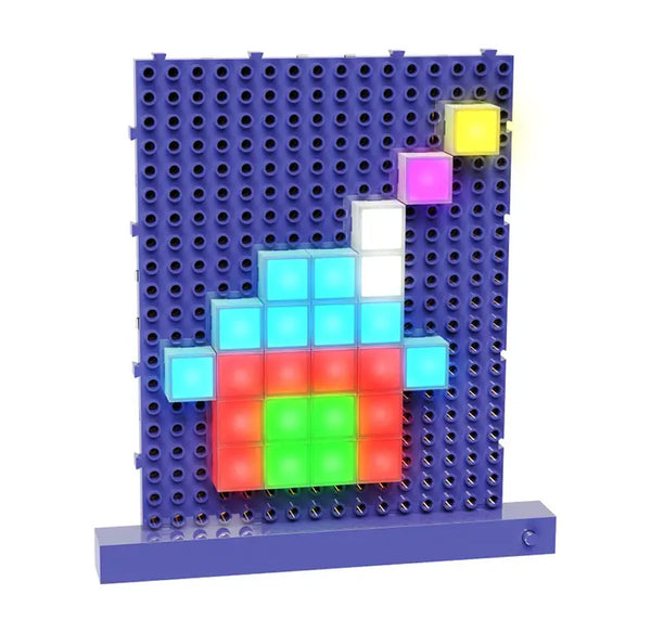 Colorful block design on a pegboard against a white background