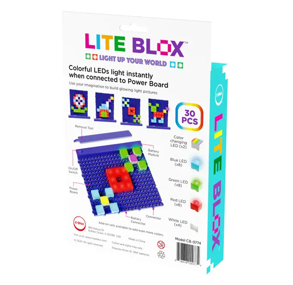 Lite Blox packaging with colorful LEDs and building block design on a white background