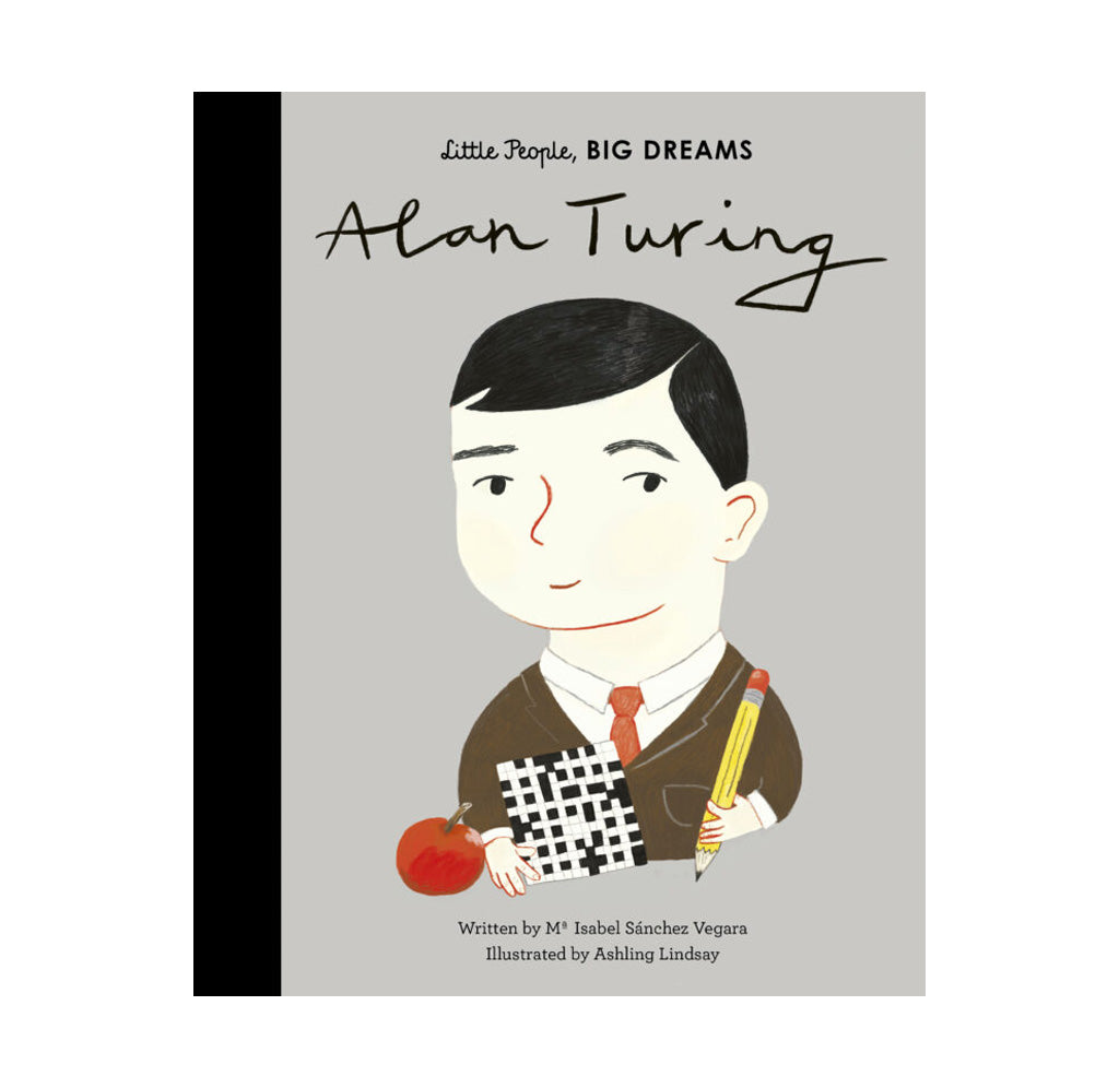 Grey cover with drawing of a person with black hair holding a pencil, puzzle, and apple. 