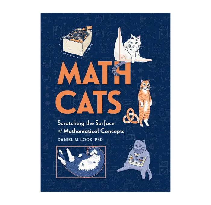 Book cover of 'Math Cats' with illustrations of cats and mathematical symbols on a blue background