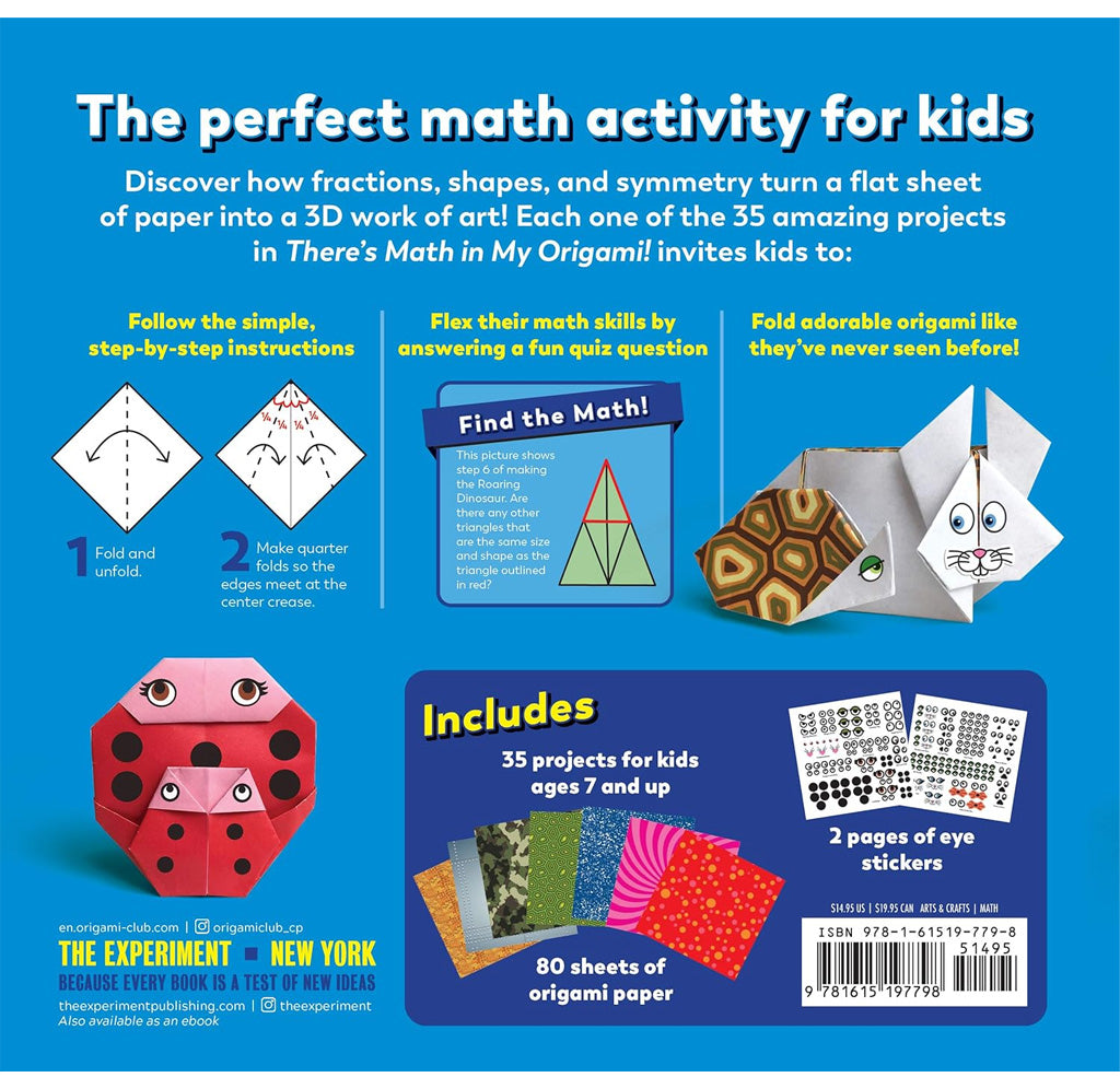 A blue back cover with a diagram example showing how to fold paper, various colorful sheets of paper, and a few example origami animals. 