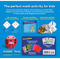 A blue back cover with a diagram example showing how to fold paper, various colorful sheets of paper, and a few example origami animals. 