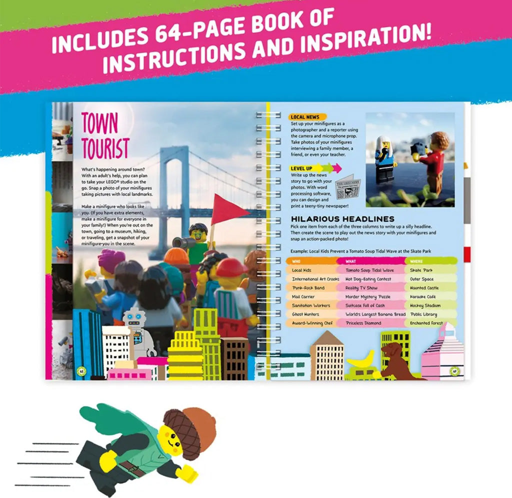 Children's book with LEGO-themed pages and promotional text about instructions and inspiration.