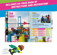 Children's book with LEGO-themed pages and promotional text about instructions and inspiration.