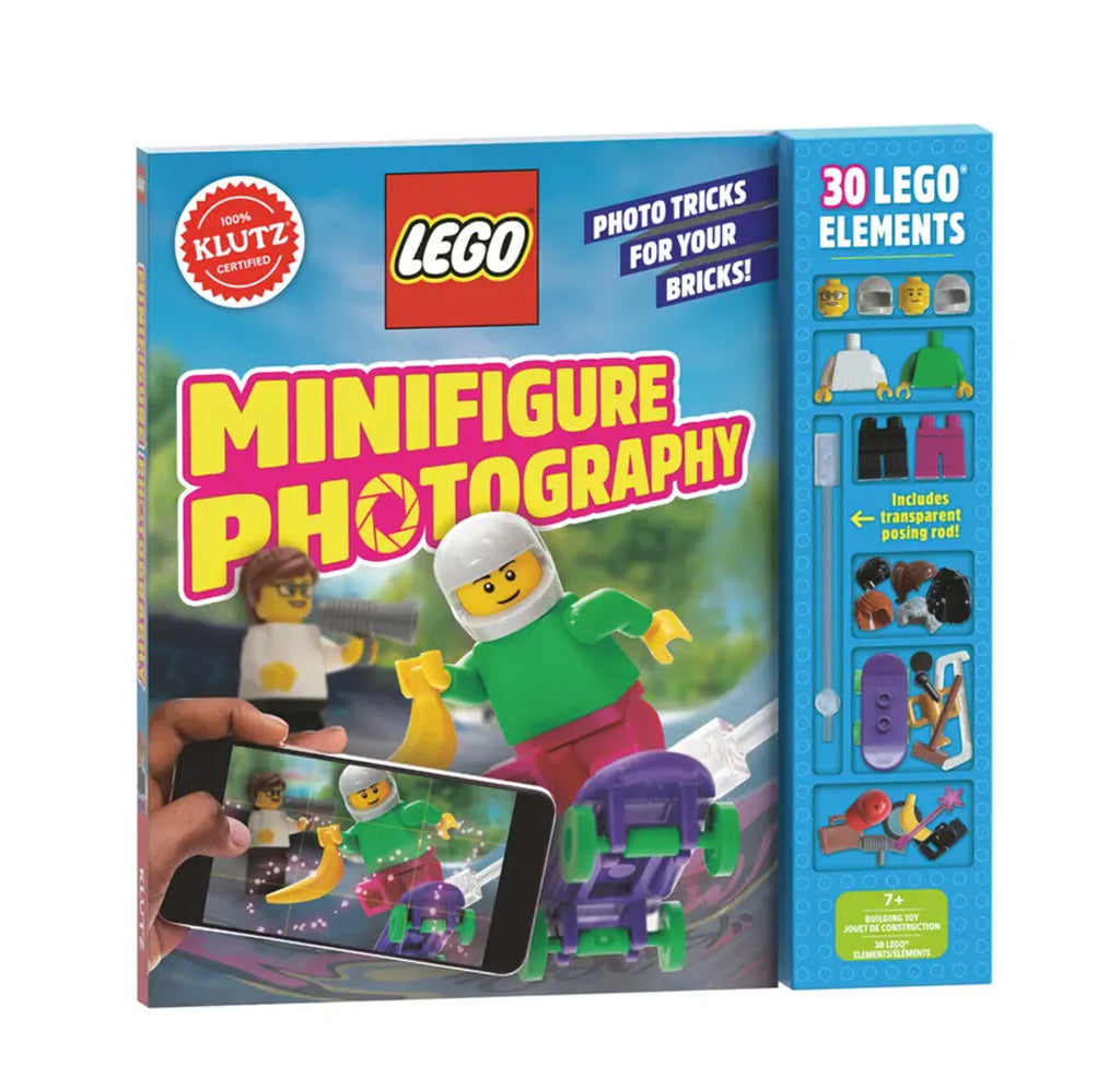 LEGO Minifigure Photography book with LEGO elements on a white background