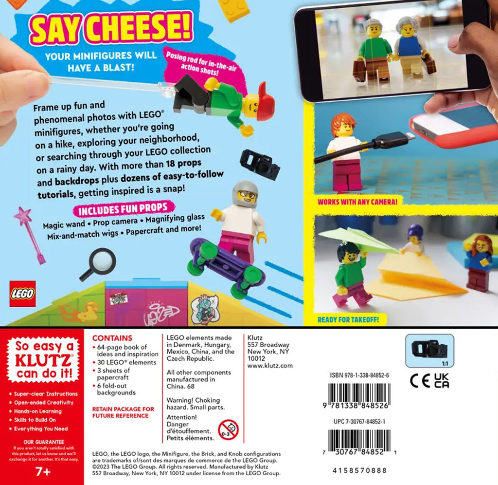 Klutz LEGO minifigure kit back packaging with colorful graphics and text.