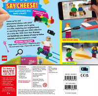 Klutz LEGO minifigure kit back packaging with colorful graphics and text.