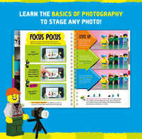 Book on photography basics with colorful illustrations and a toy LEGO figure holding a camera.