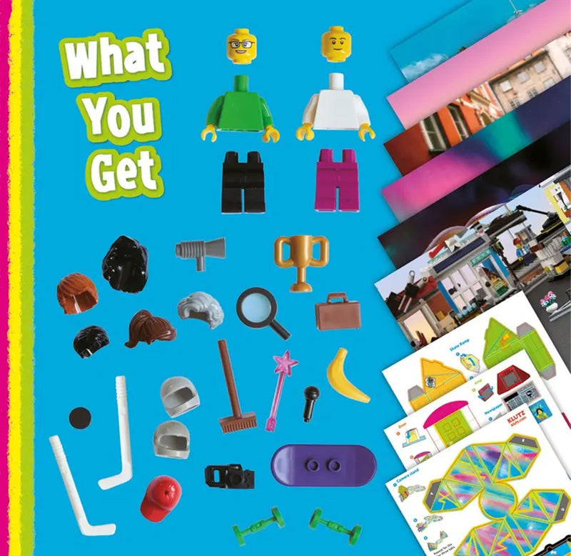 Lego pieces on a blue background with paper sheets on the side.