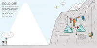 Cartoon illustration of a mountain climbing scene with characters and equipment.