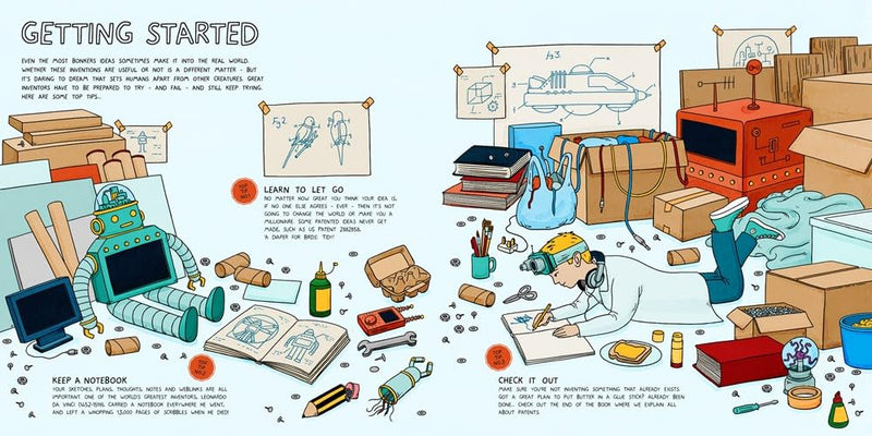 Illustrated guide on getting started with a project, featuring tools, materials, and a person working.