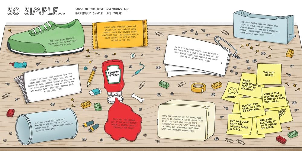 Illustrated table with various items and text, resembling a brainstorming or planning session.