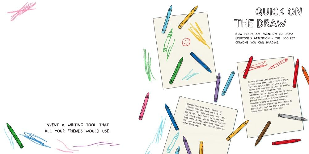 Colorful crayons and drawing paper with text on a white background