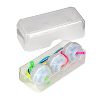Clear plastic case with three small plastic balls holding colorful strings on a white background
