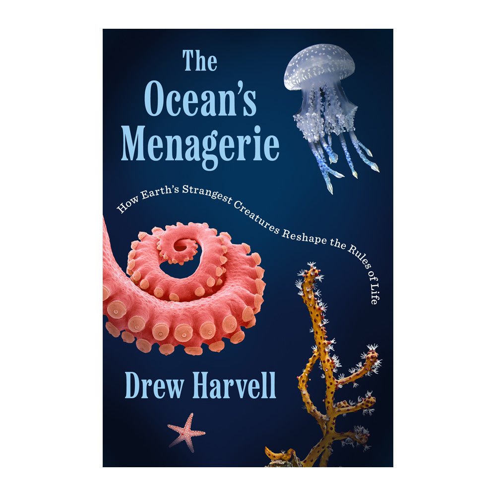 Dark navy book cover with images of a jellyfish, tentacle, starfish, and other aquatic life. 