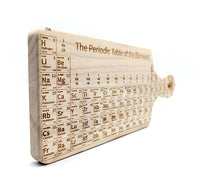 Wooden periodic table cutting board on a white background