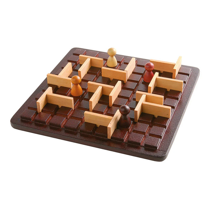 Wooden puzzle game with pieces on a white background