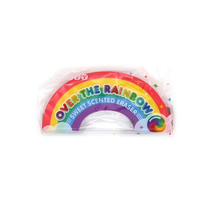 Rainbow-scented eraser with colorful packaging on a white background