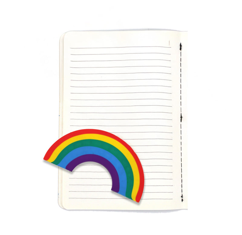 Open page of a notebook with a rainbow eraser on top. 