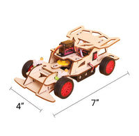Wooden model car kit with dimensions indicated on a white background