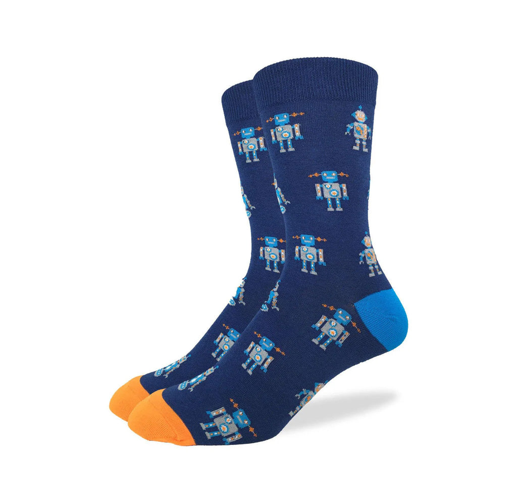 Blue crew socks with a repeating robot print, orange toe, and blue heel. 