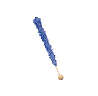 Blue rock candy on a wooden stick against a white background