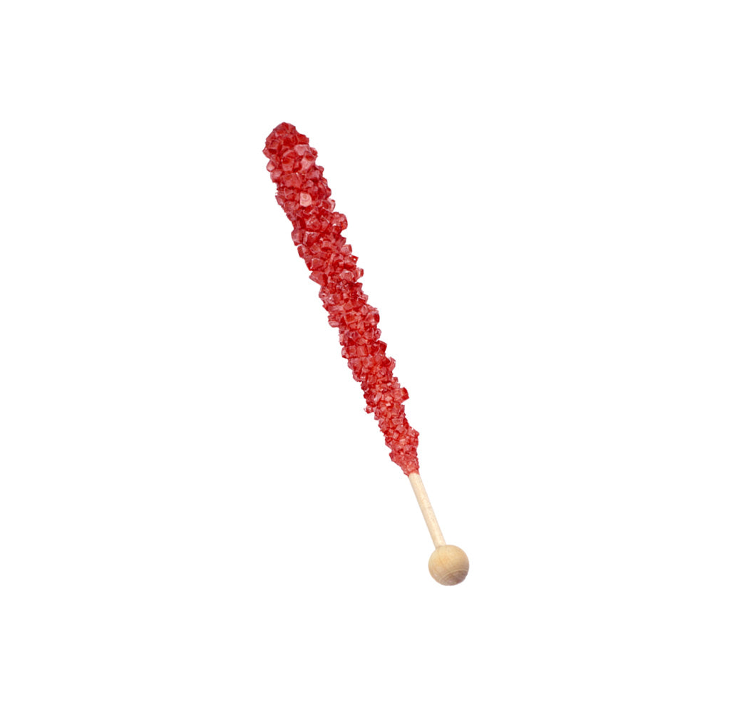 Red rock candy on a stick with a white background