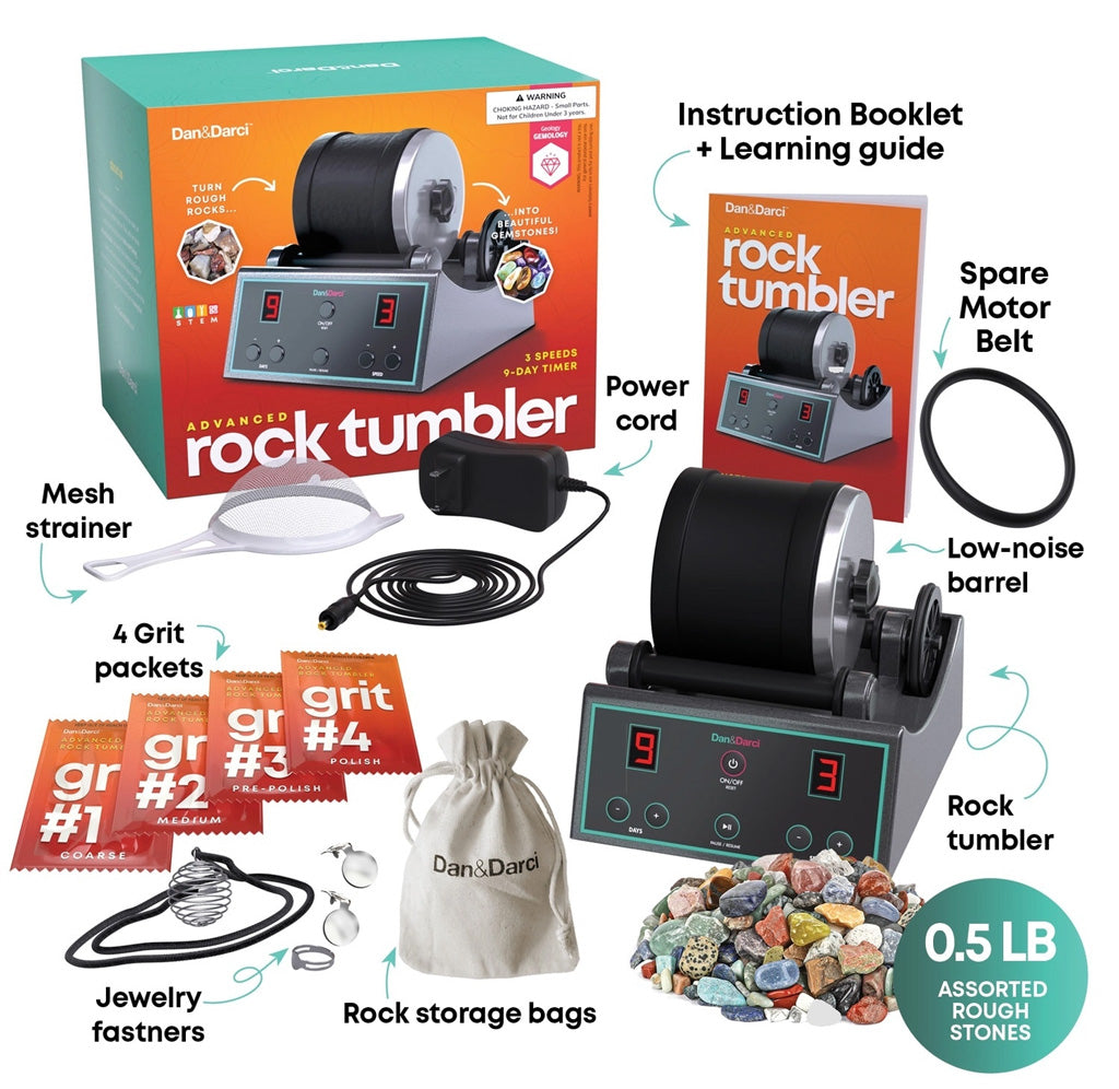 Dan&Darri rock tumbler set with packaging, accessories, and stones on a white background
