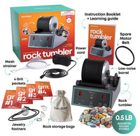 Dan&Darri rock tumbler set with packaging, accessories, and stones on a white background