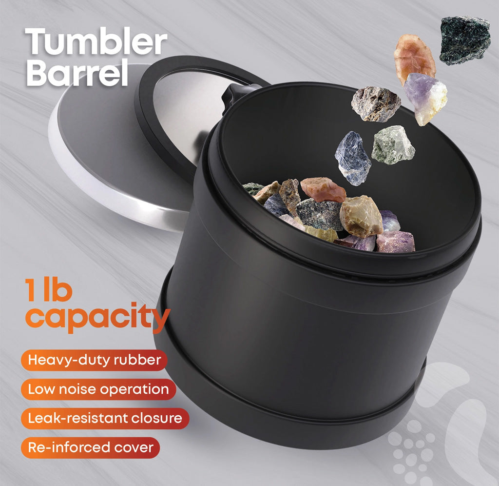 Black tumbler barrel with stones on a gray background, featuring text about its capacity and features.