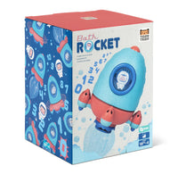 A red, white, and blue colored box with an image of a rocket on the front. 