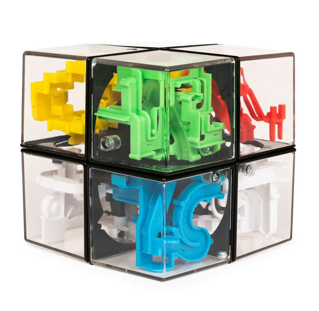 Colorful mechanical cube puzzle with transparent sides on a white background