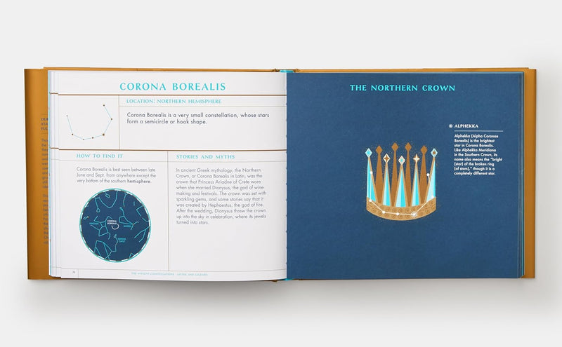 Open book showing pages about 'Corona Borealis' and 'The Northern Crown' with illustrations and text.