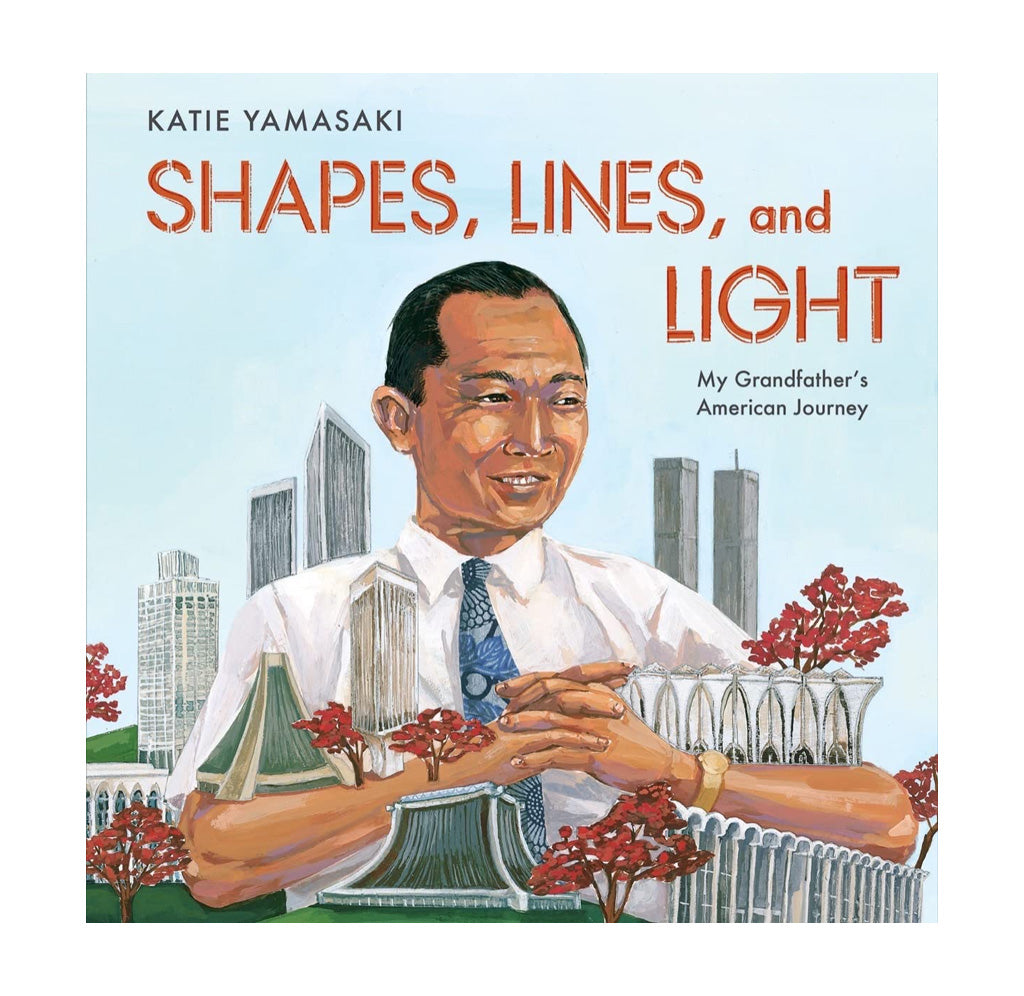 A man is depicted surrounded by miniature architectural buildings and trees with red leaves. 