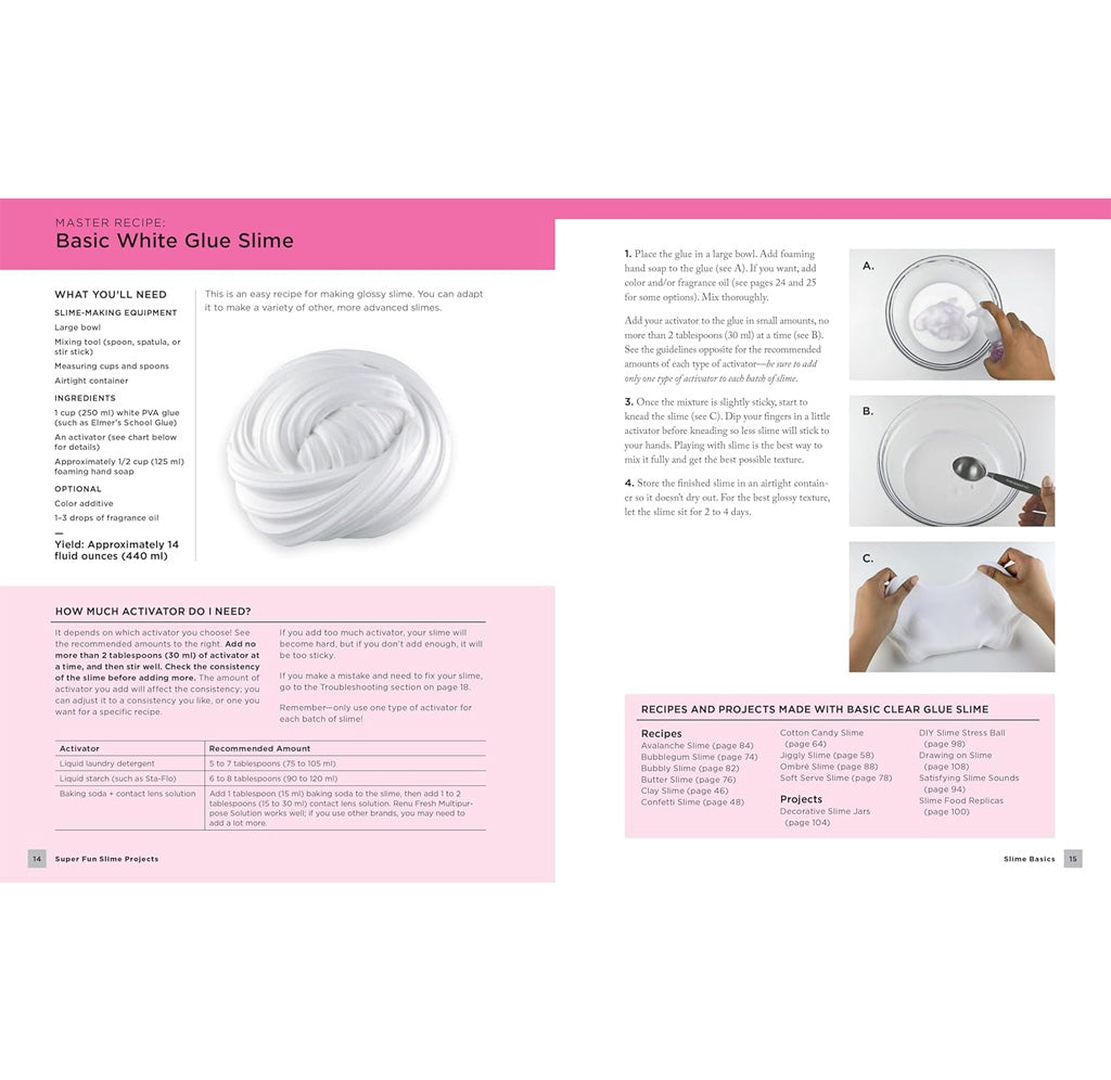 Instructions for making basic white glue slime with images and text on a pink background