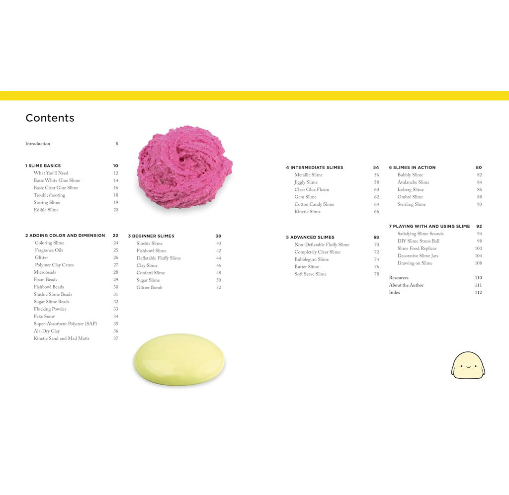 Table of contents page with pink and yellow slime illustrations on a white background
