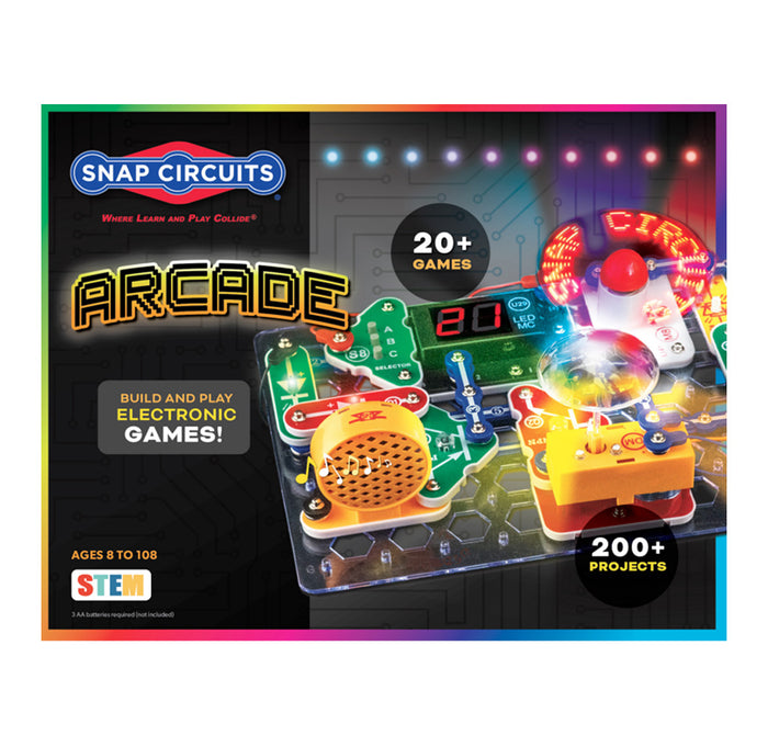 Snap Circuits Arcade electronic kit packaging with colorful graphics and text.