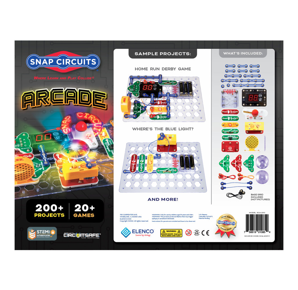 Snap Circuits Arcade kit packaging with colorful components and text on a white background
