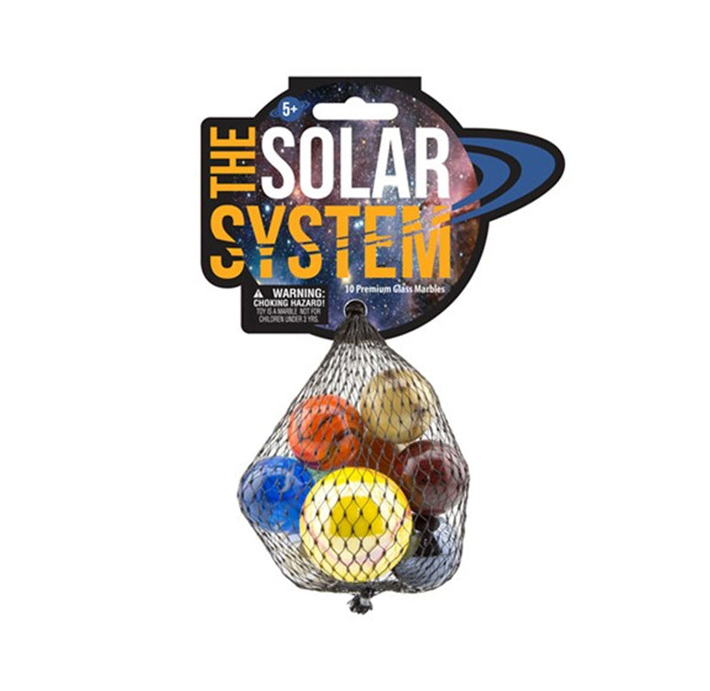 Packaged toy set labeled 'The Solar System' with colorful marbles in a net on a white background