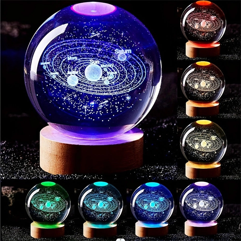 Crystal ball with solar system model and LED lighting on a dark background
