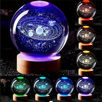 Crystal ball with solar system model and LED lighting on a dark background