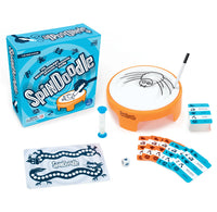 SpinDoodle art kit with packaging, spinner, and drawing tools on a white background