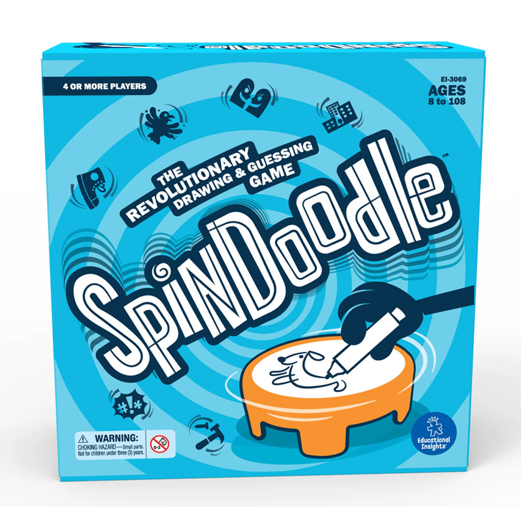 SpinDoodle board game box with blue background and white text
