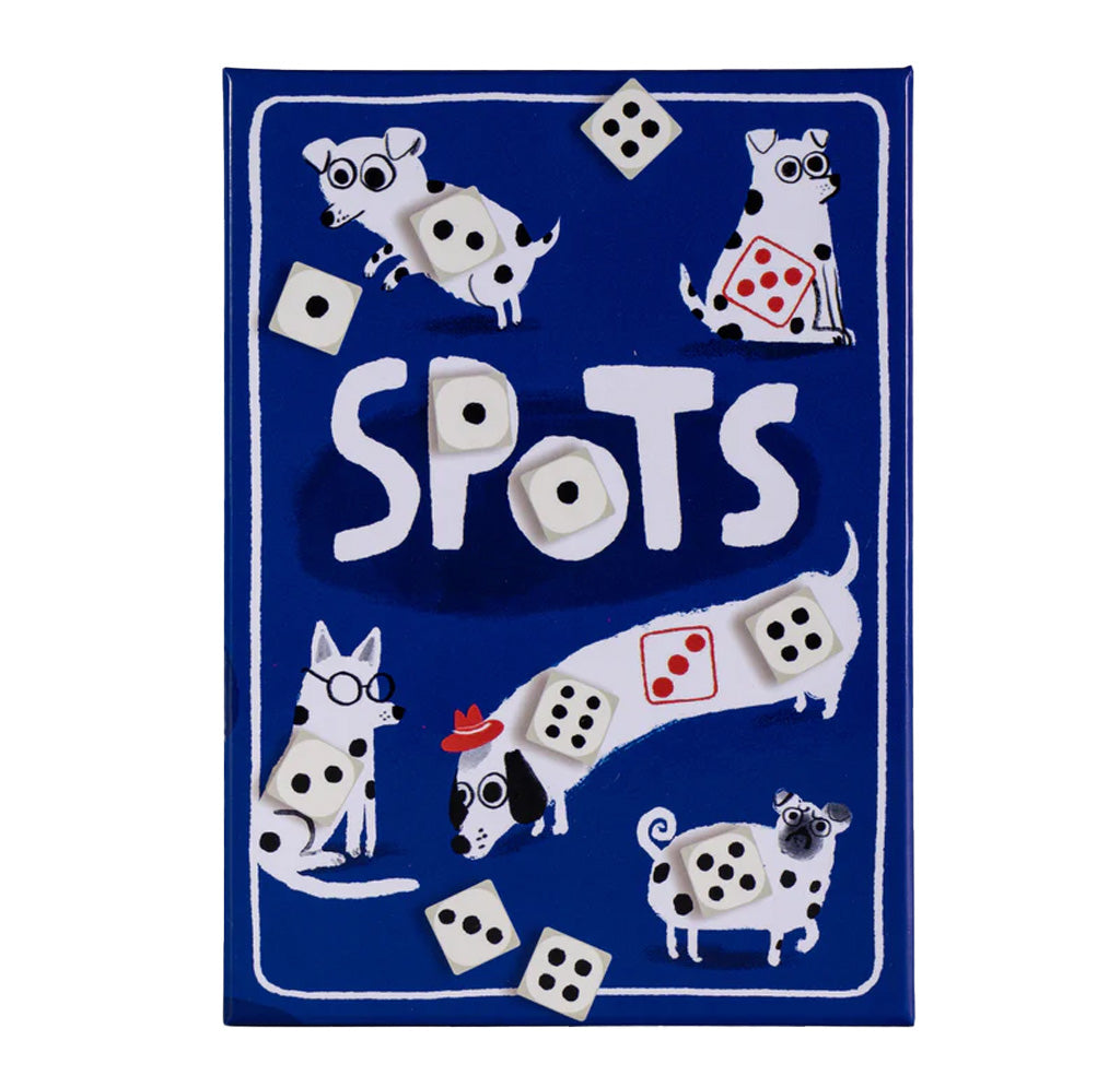 Box cover with cartoon dogs and dice on a blue background