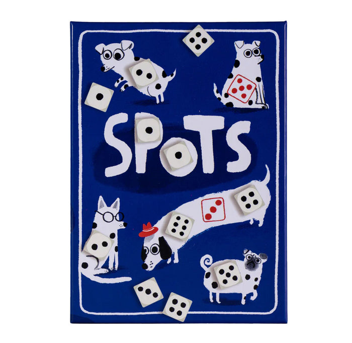 Box cover with cartoon dogs and dice on a blue background