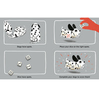 Instructions for a dice game with Dalmatian dogs and dice on a gray background