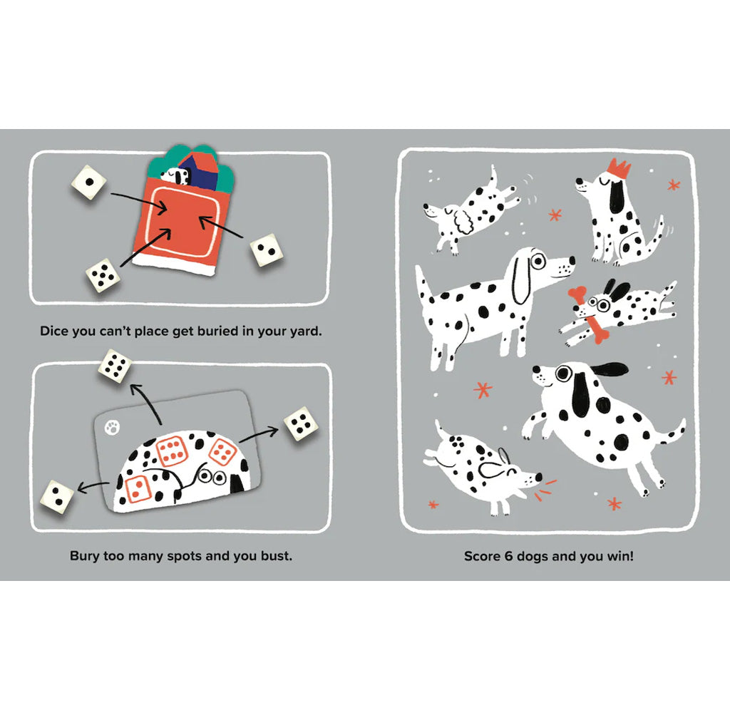 Game instructions with dice and Dalmatian dogs on a gray background