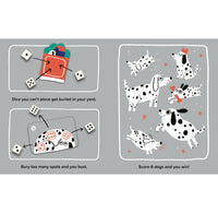 Game instructions with dice and Dalmatian dogs on a gray background